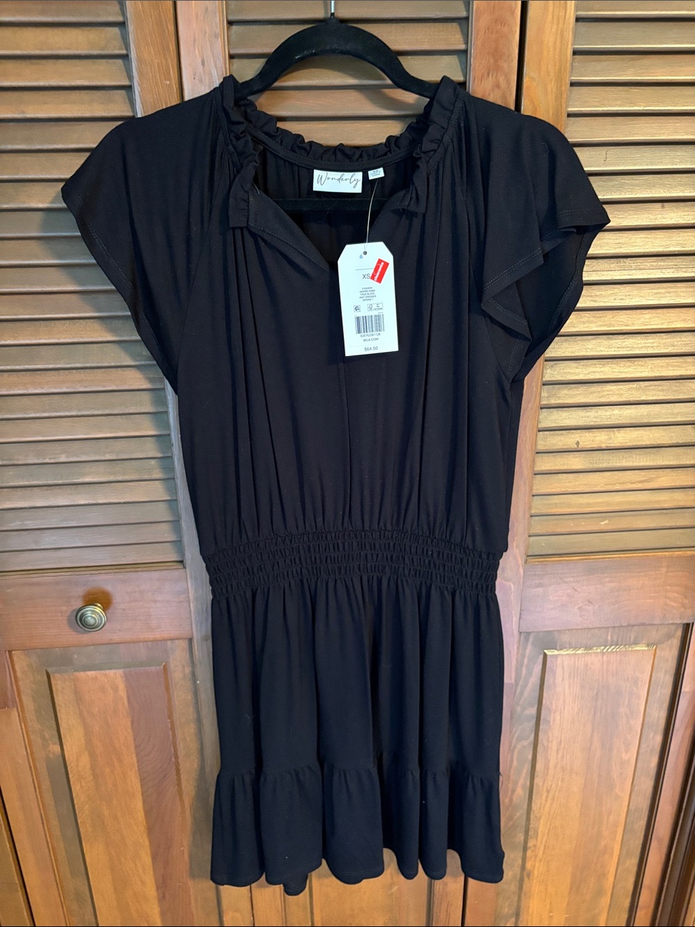 Wonderly Black Ruffle Neck Smocked Waist Midi Dress